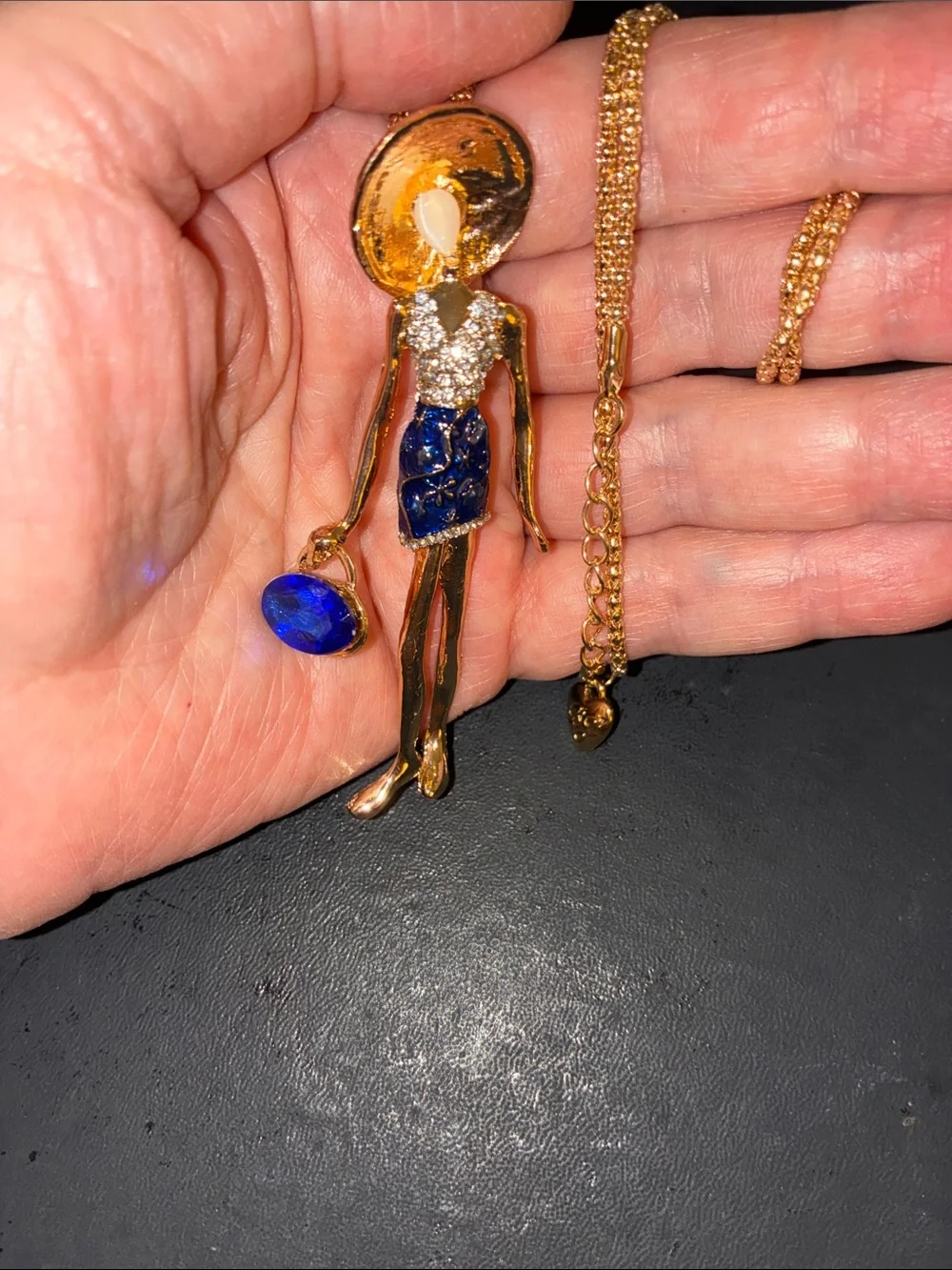 Doll Pendant Necklace with Blue Crystals